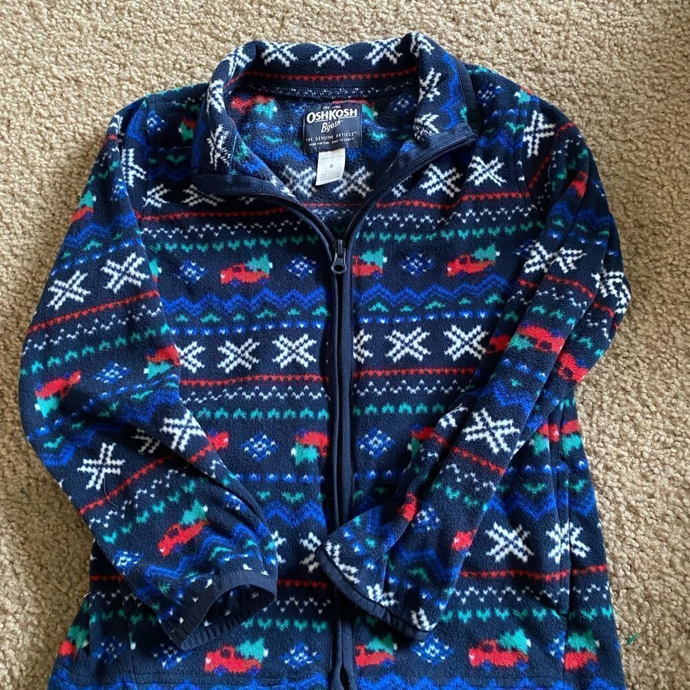 Boys OshKosh Red Truck and Christmas Tree Holiday Fleece Zip Up Jacket